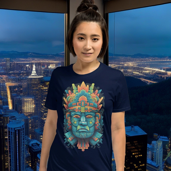 Spiritual journey with Cosmovisions' Olmec t-shirt.